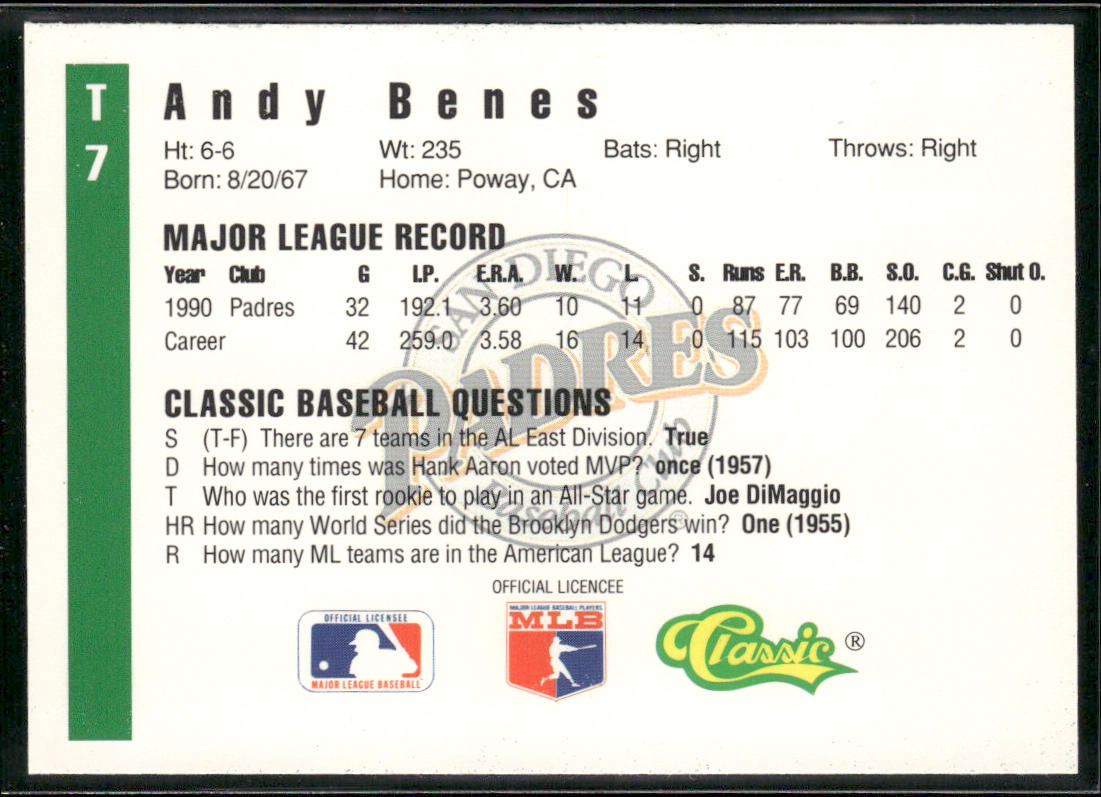 Andy Benes 1991 Classic III #T7 San Diego Padres
