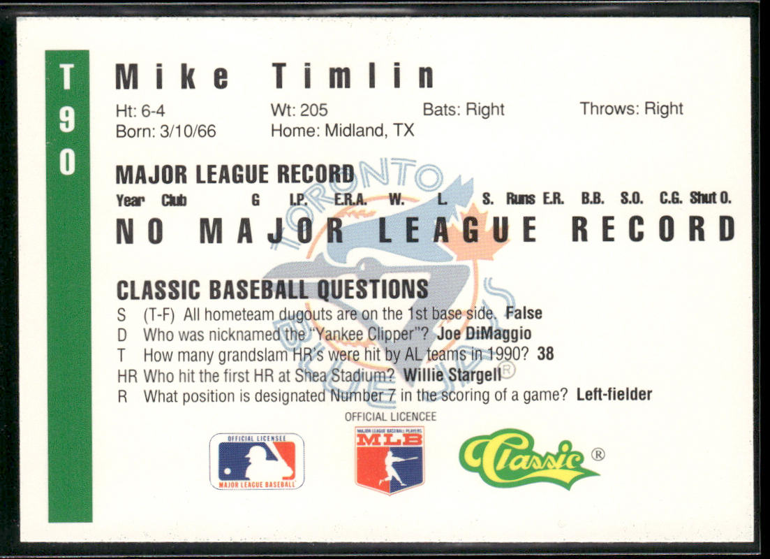 Mike Timlin 1991 Classic III #T90 Toronto Blue Jays