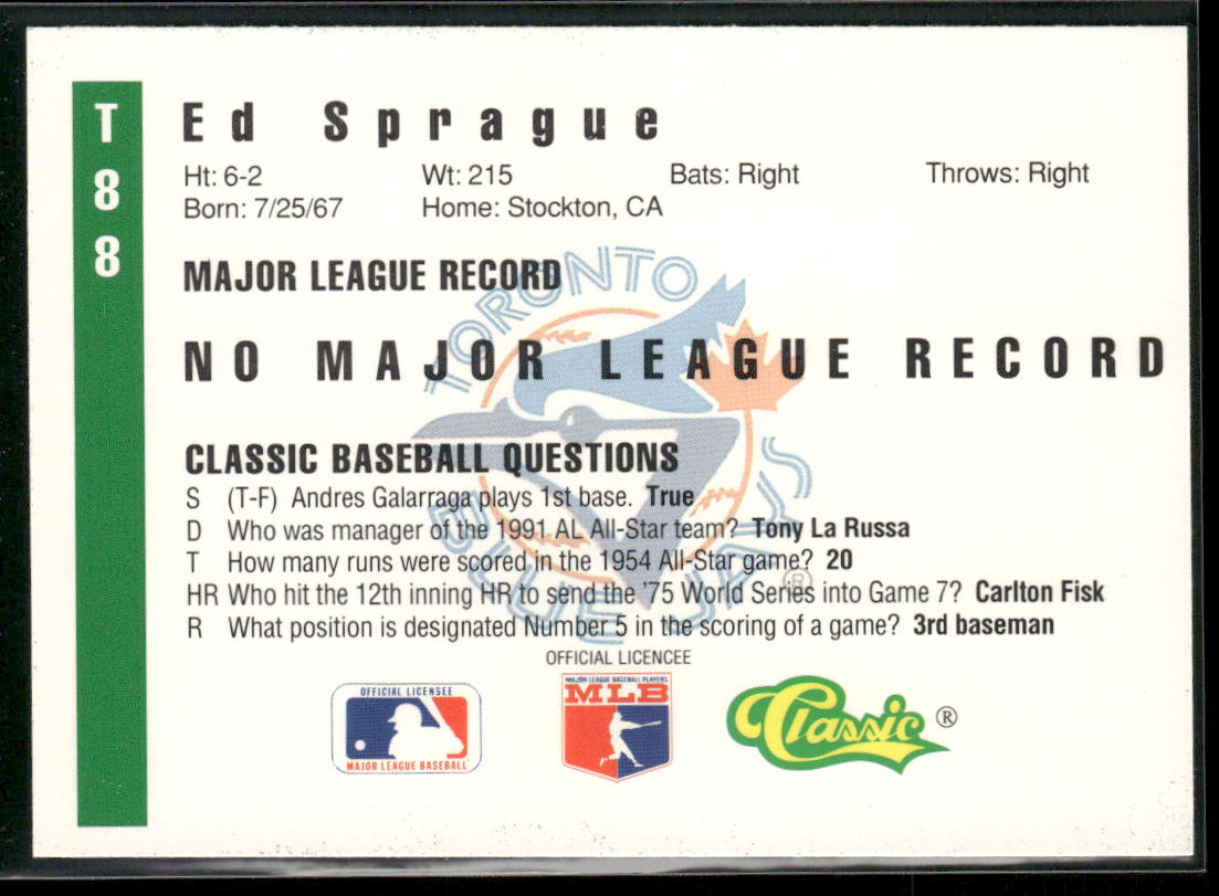 Ed Sprague 1991 Classic III #T88 Toronto Blue Jays