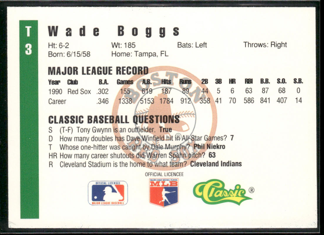 Wade Boggs 1991 Classic III #T3 Boston Red Sox