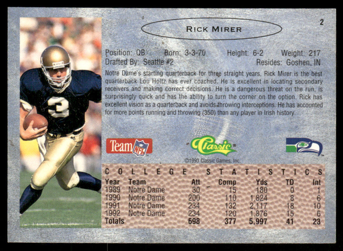 Rick Mirer 1993 Classic #2 Seattle Seahawks
