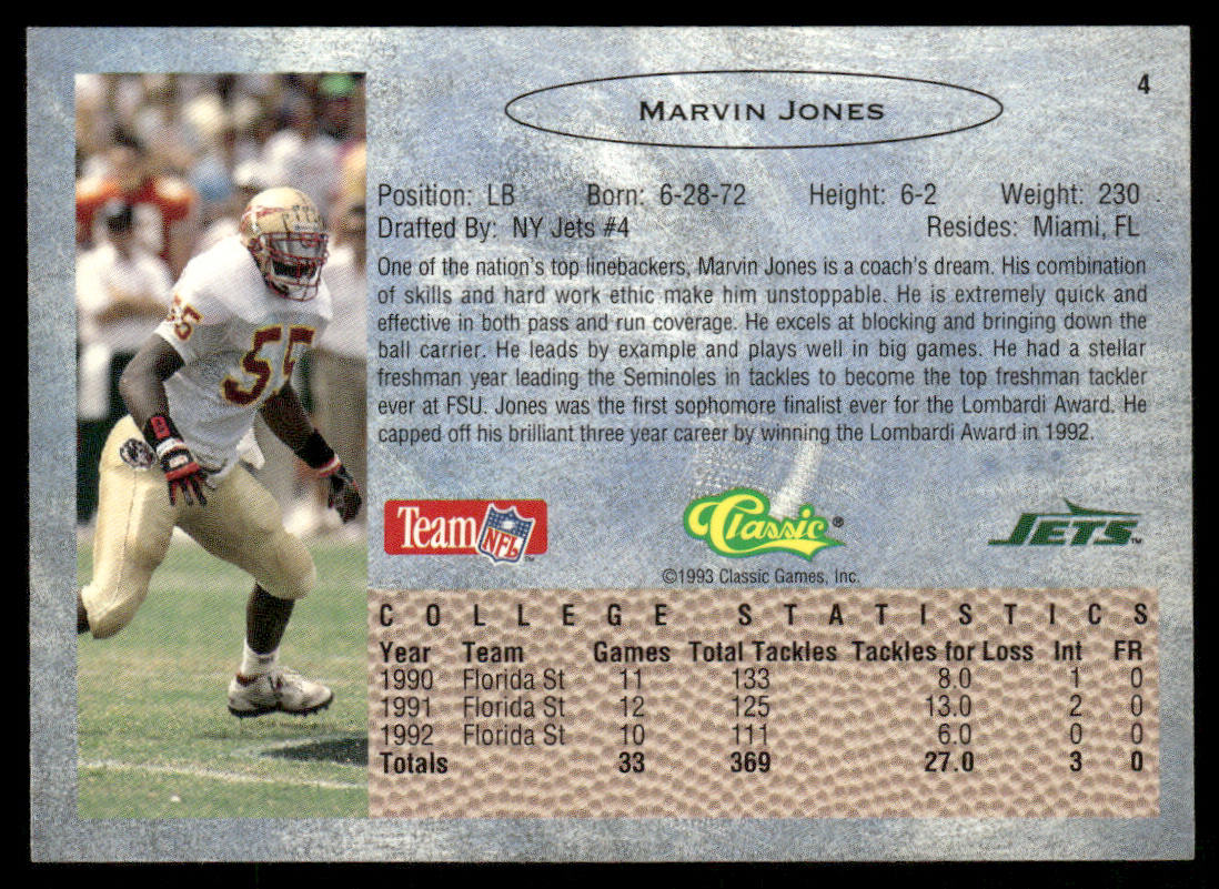 Marvin Jones 1993 Classic #4 New York Jets