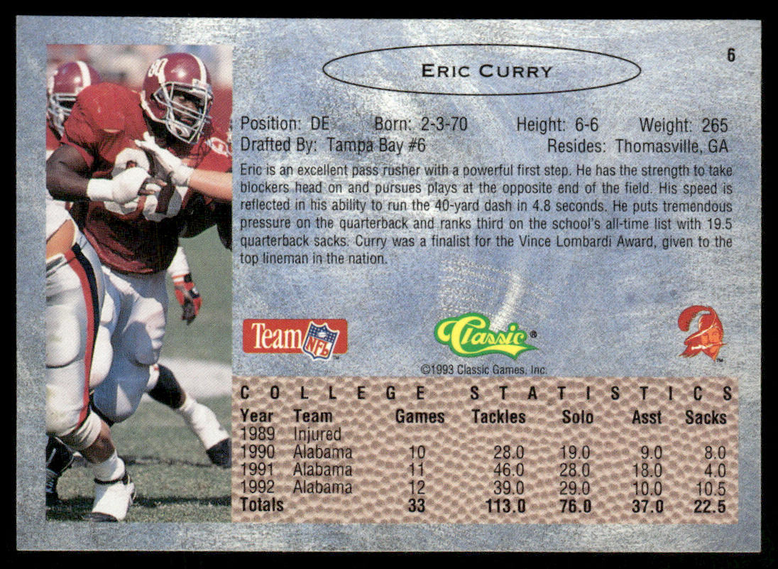 Eric Curry 1993 Classic #6 Tampa Bay Buccaneers