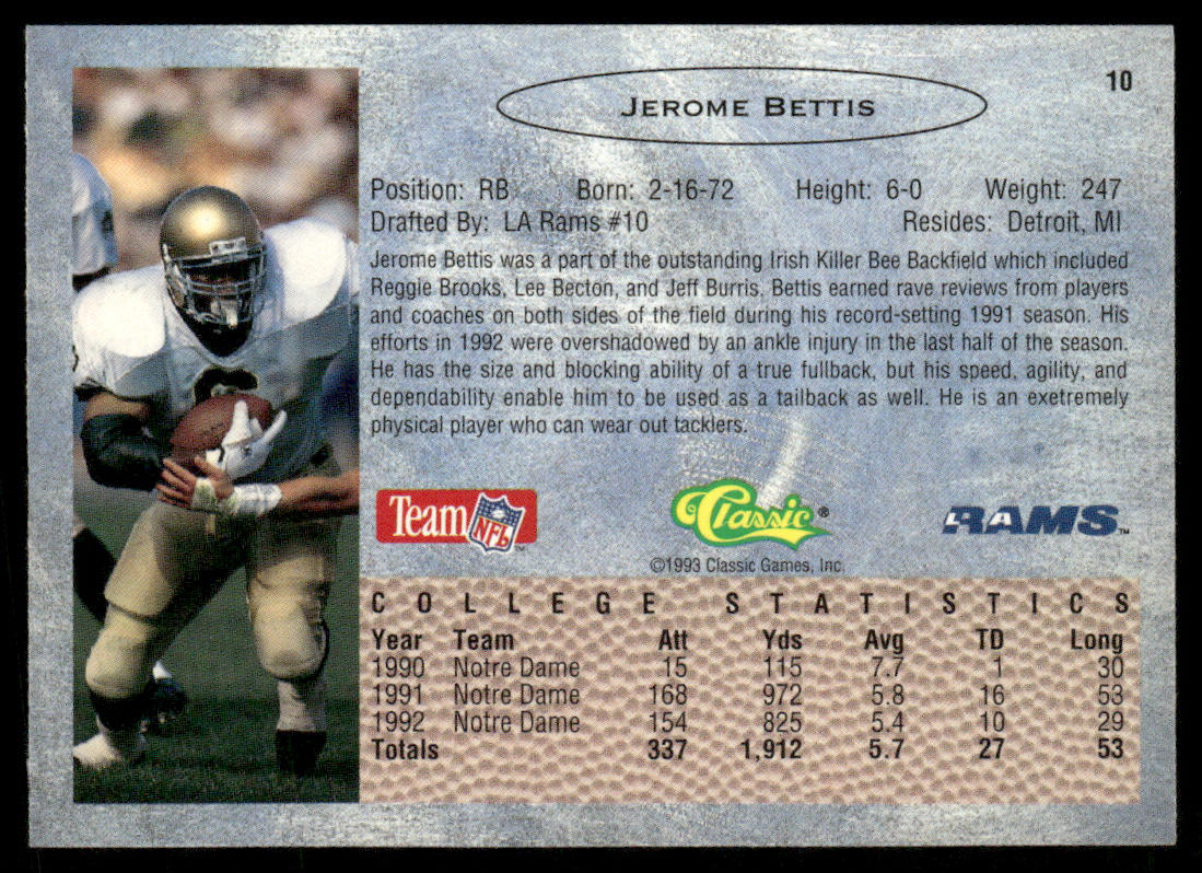 Jerome Bettis 1993 Classic #10 Los Angeles Rams