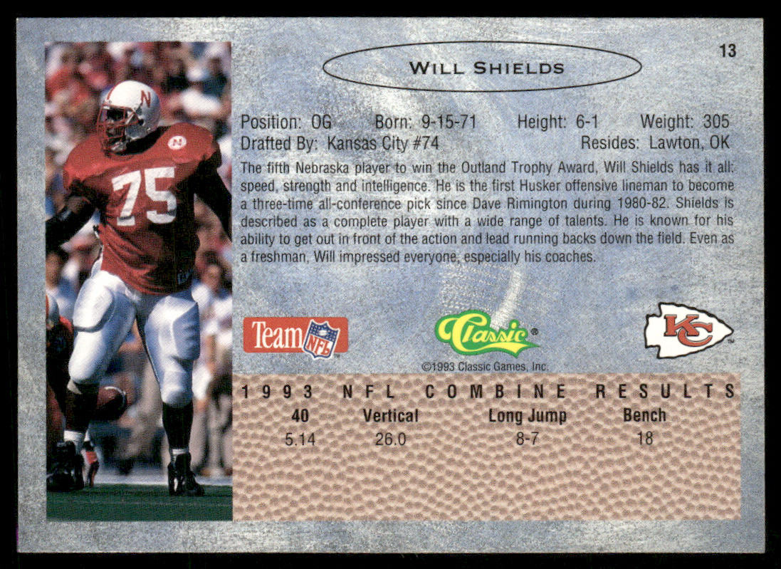 Will Shields 1993 Classic #13 Kansas City Chiefs