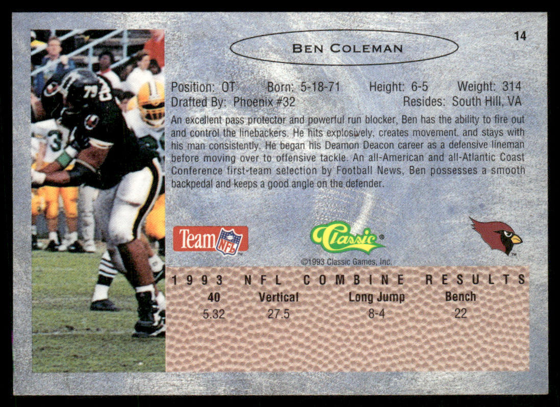Ben Coleman 1993 Classic #14 Phoenix Cardinals