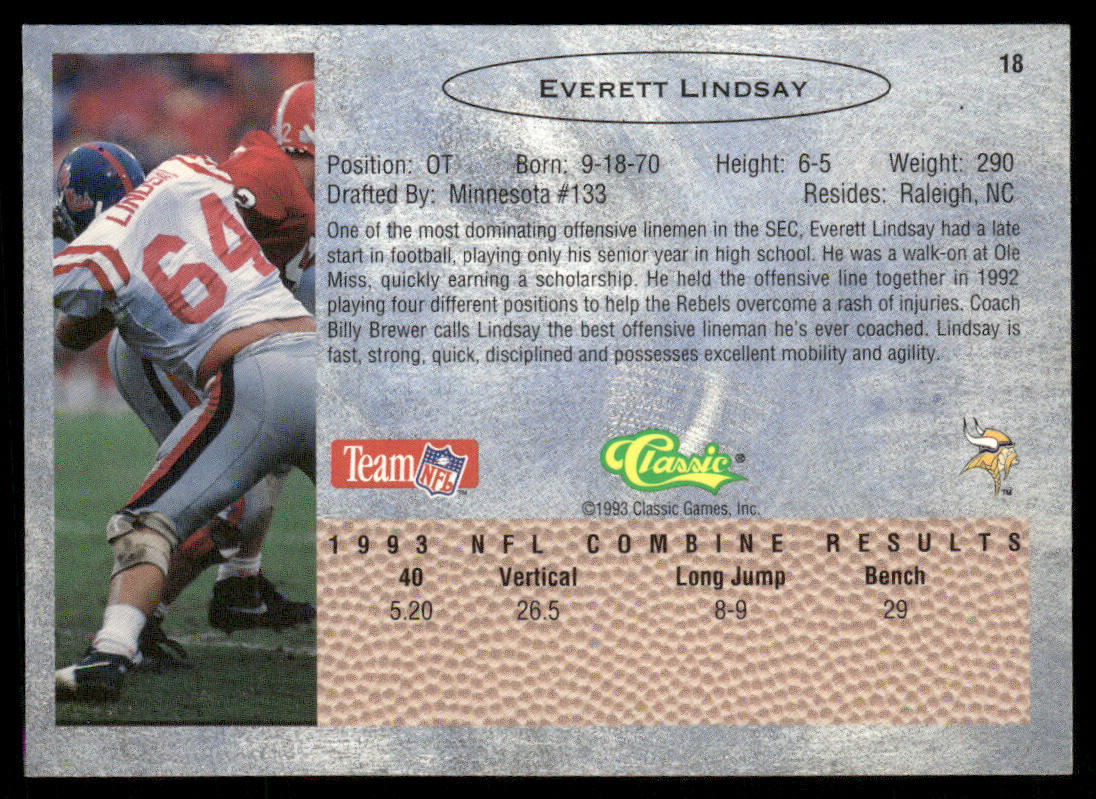 Everett Lindsay 1993 Classic #18 Minnesota Vikings