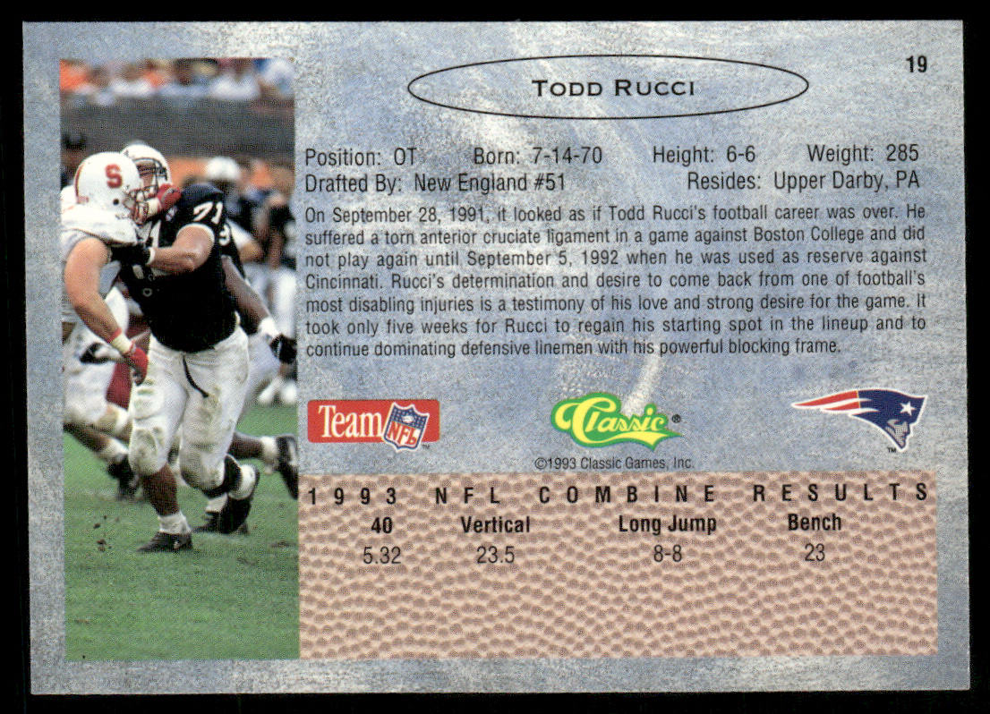 Todd Rucci 1993 Classic #19 New England Patriots