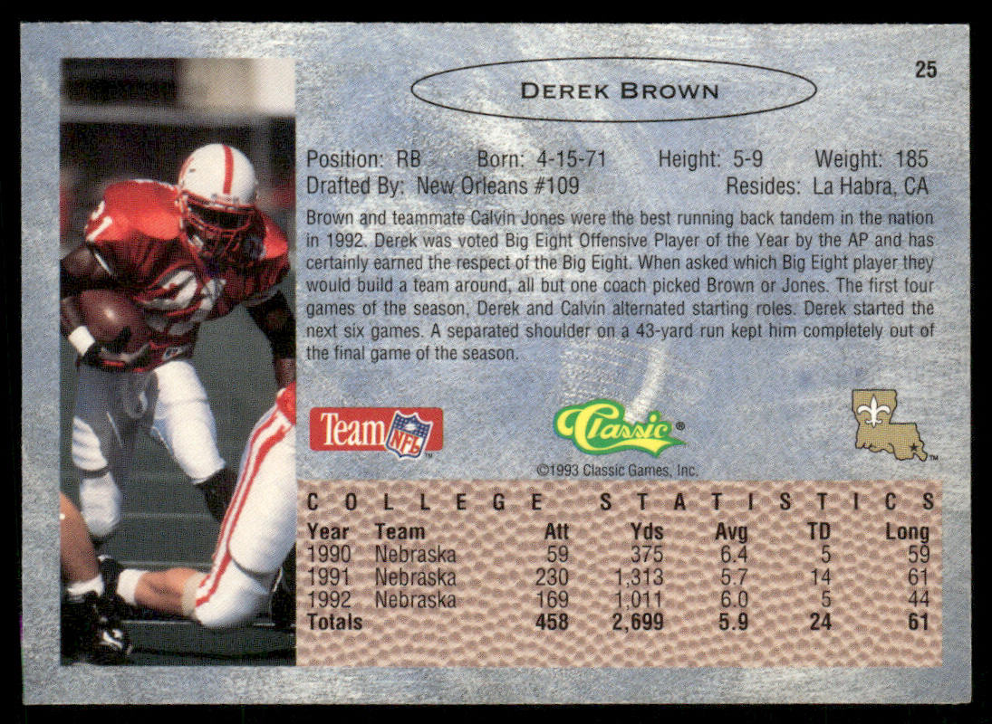 Derek Brown 1993 Classic #25 New Orleans Saints