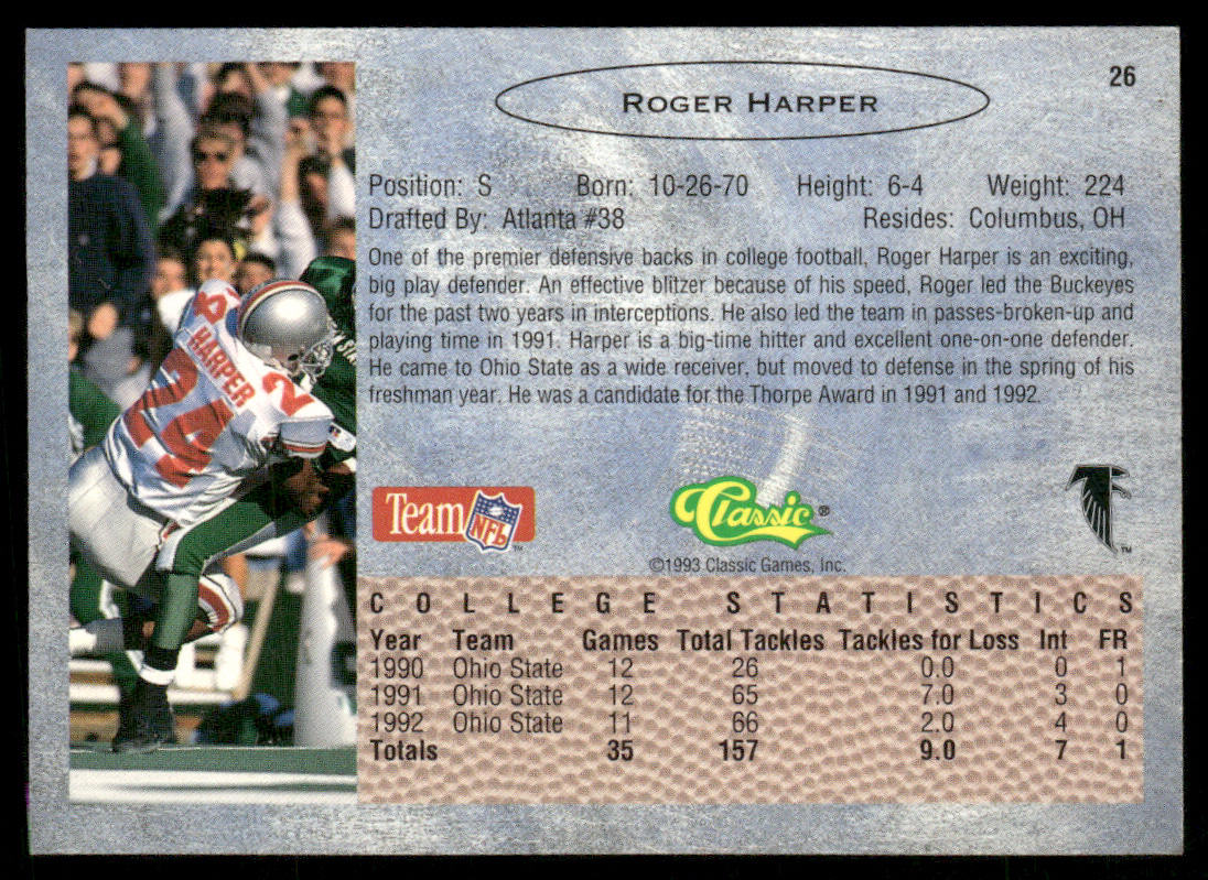 Roger Harper 1993 Classic #26 Atlanta Falcons