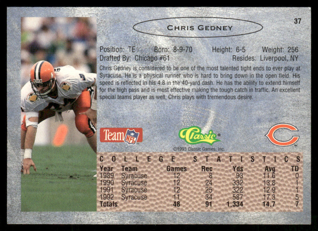 Chris Gedney 1993 Classic #37 Chicago Bears