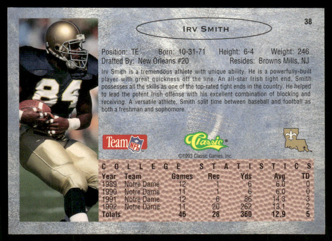 Irv Smith 1993 Classic #38 New Orleans Saints