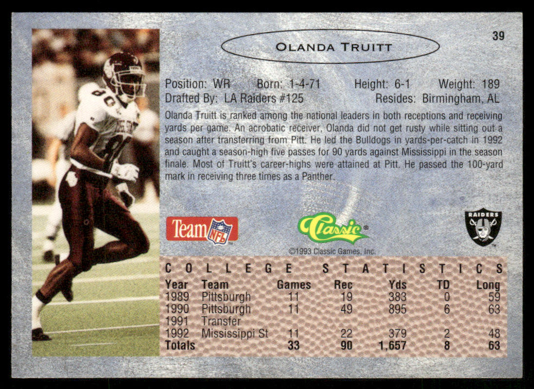 Olanda Truitt 1993 Classic #39 Los Angeles Raiders