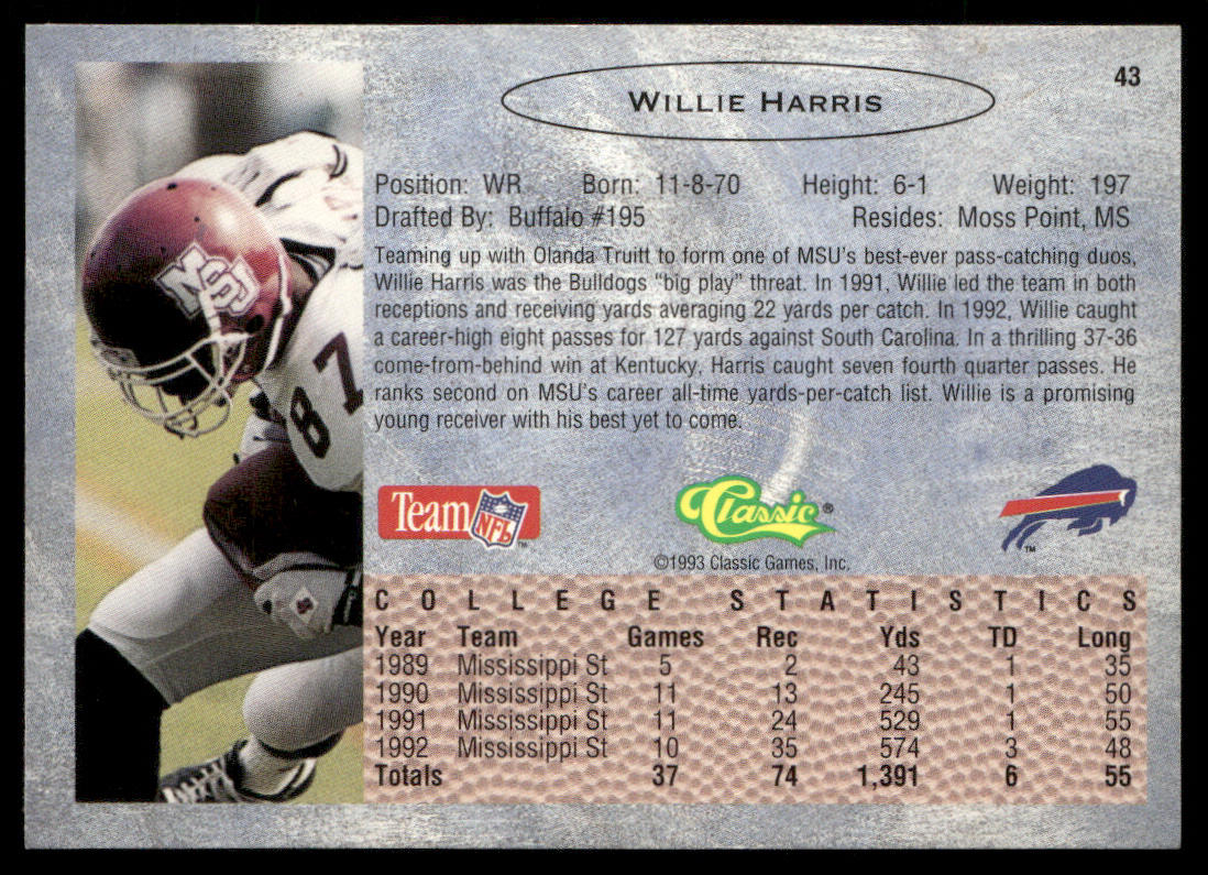 Willie Harris 1993 Classic #43 Buffalo Bills