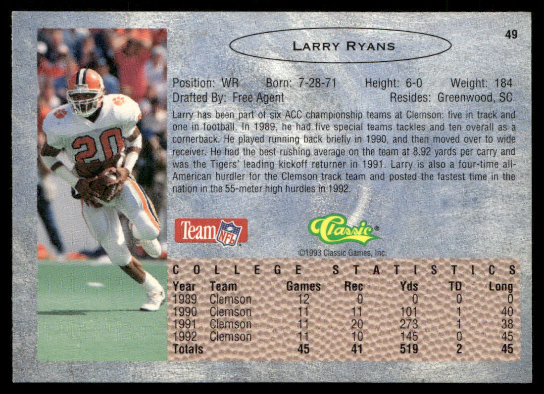 Larry Ryans 1993 Classic #49 Clemson Tigers