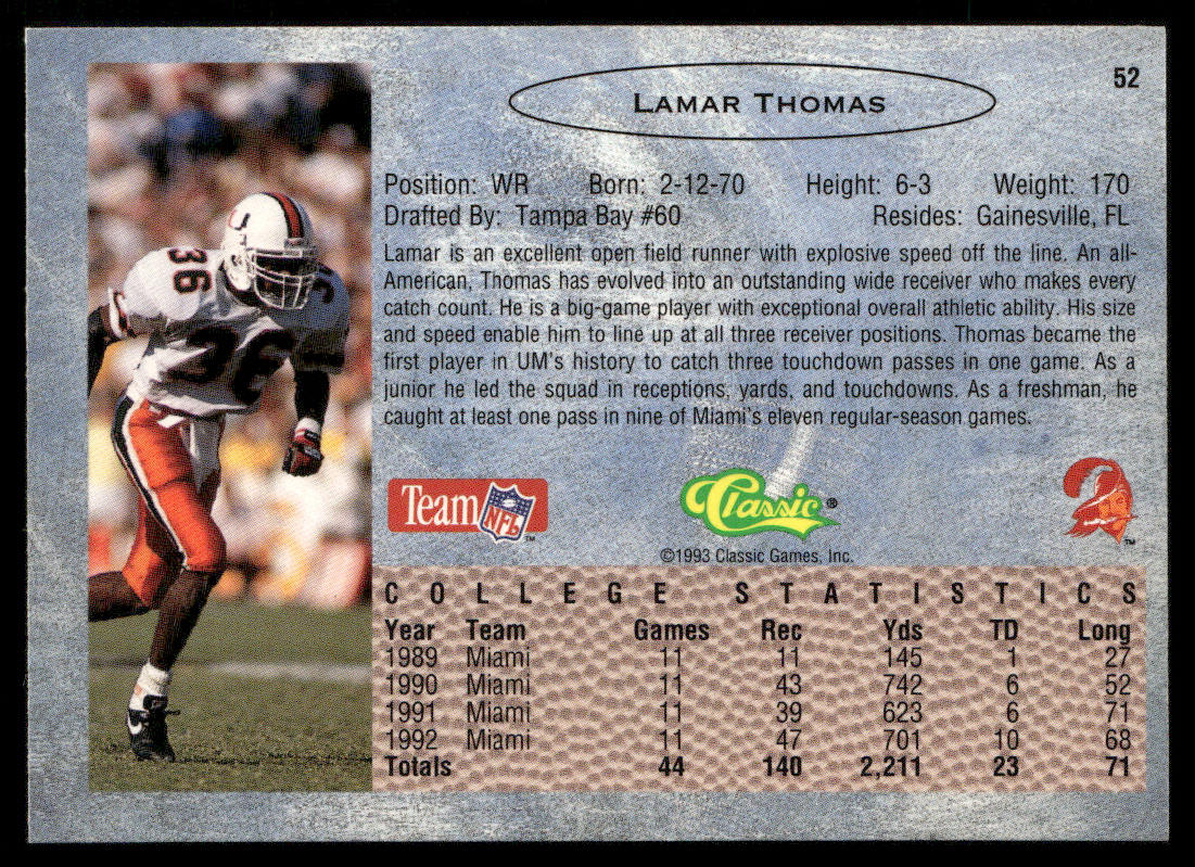 Lamar Thomas 1993 Classic #52 Tampa Bay Buccaneers