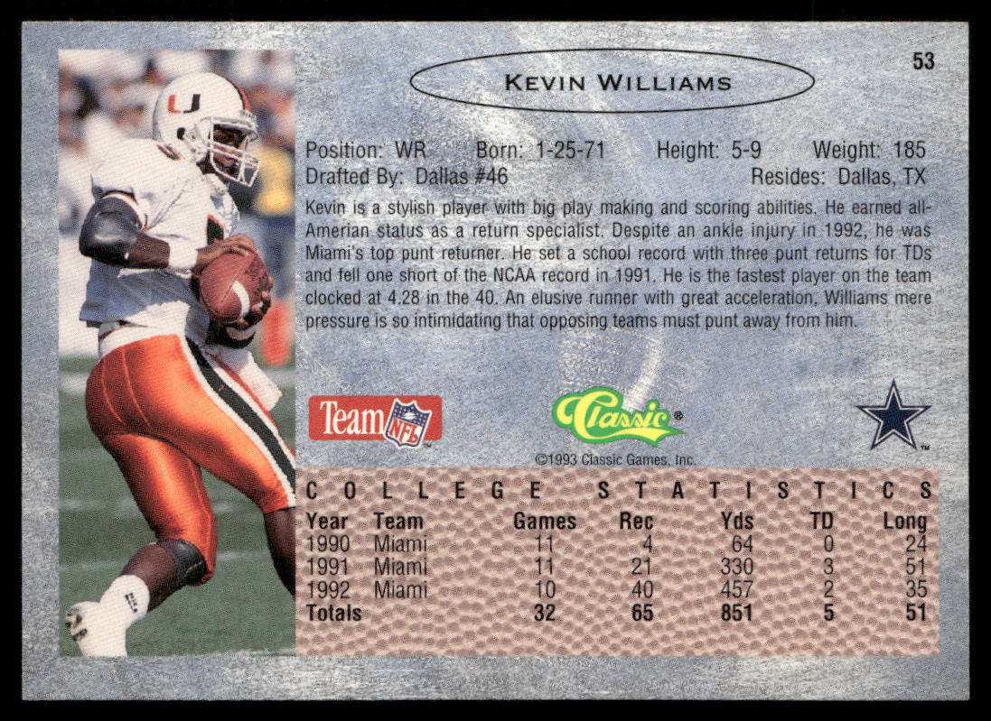 Kevin Williams 1993 Classic #53 Dallas Cowboys