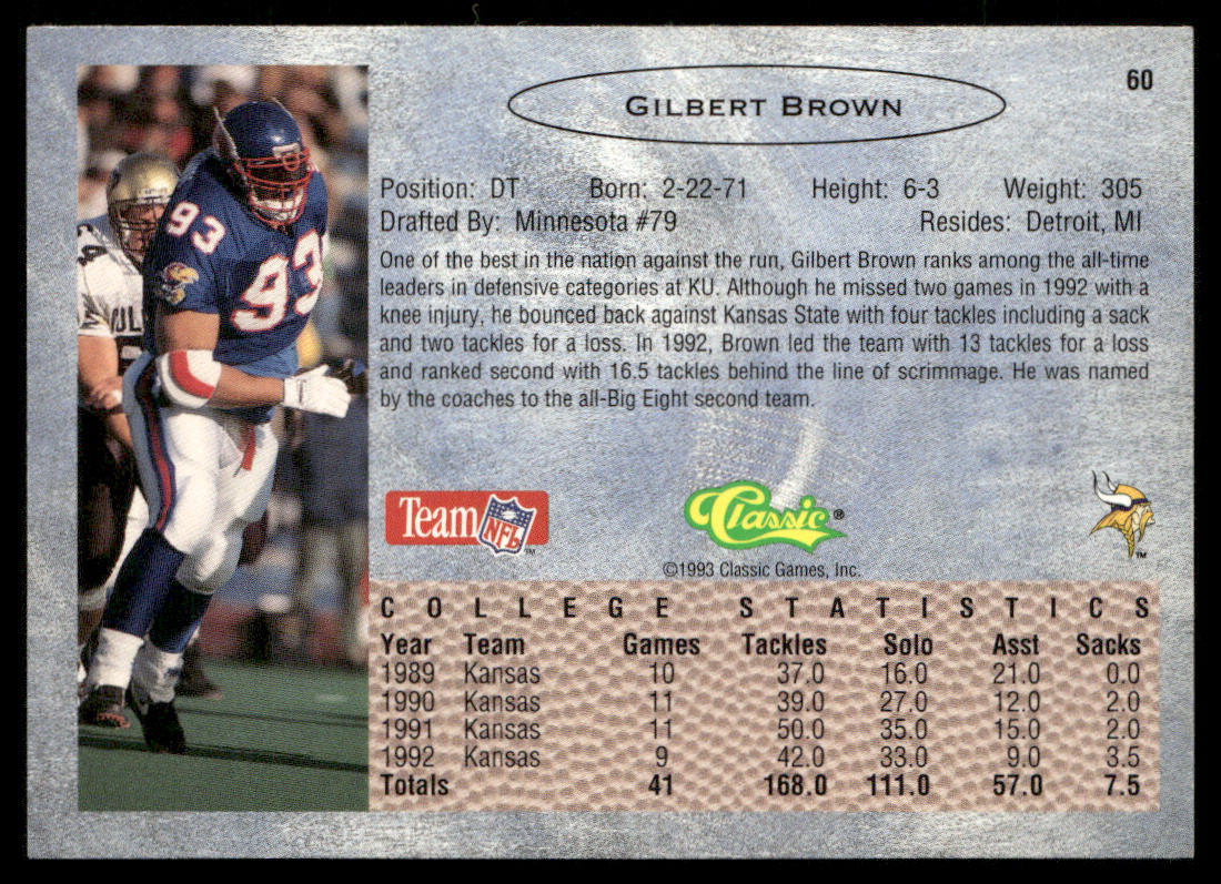 Gilbert Brown 1993 Classic #60 Minnesota Vikings