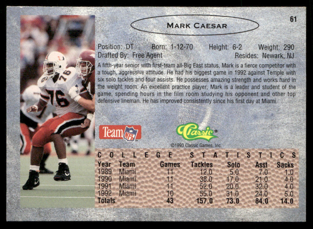 Mark Caesar 1993 Classic #61 Miami Hurricanes