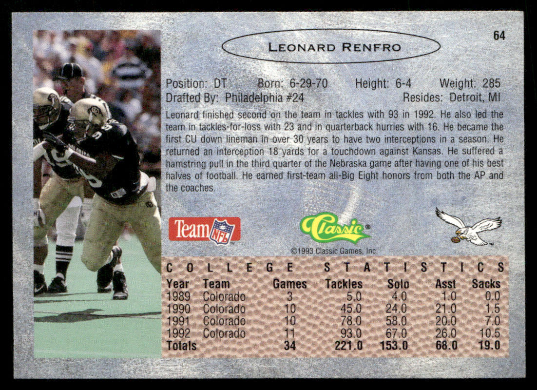 Leonard Renfro 1993 Classic #64 Philadelphia Eagles