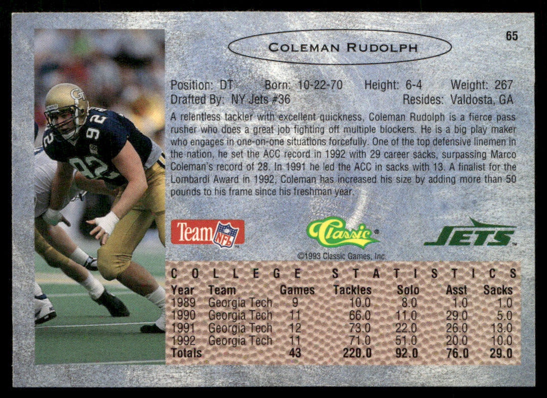 Coleman Rudolph 1993 Classic #65 New York Jets