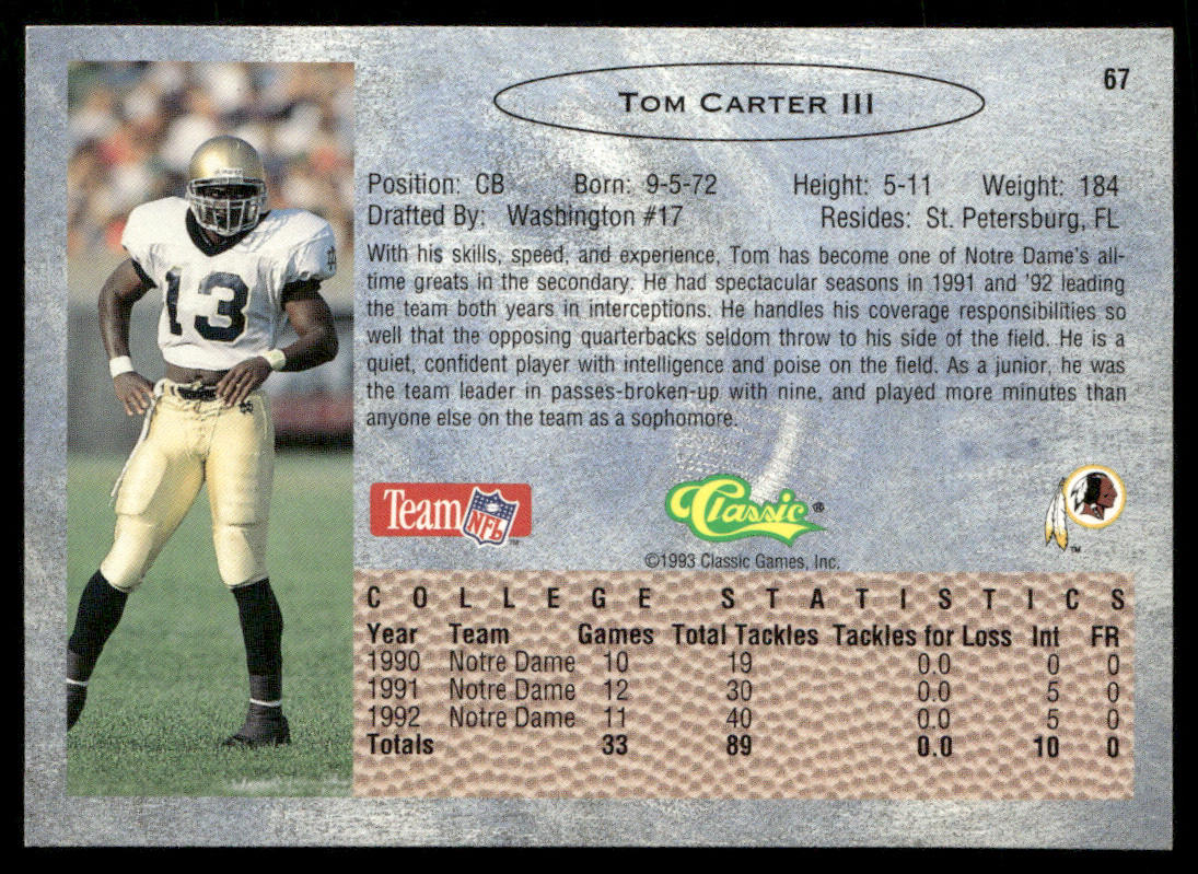 Tom Carter 1993 Classic #67 Washington Redskins