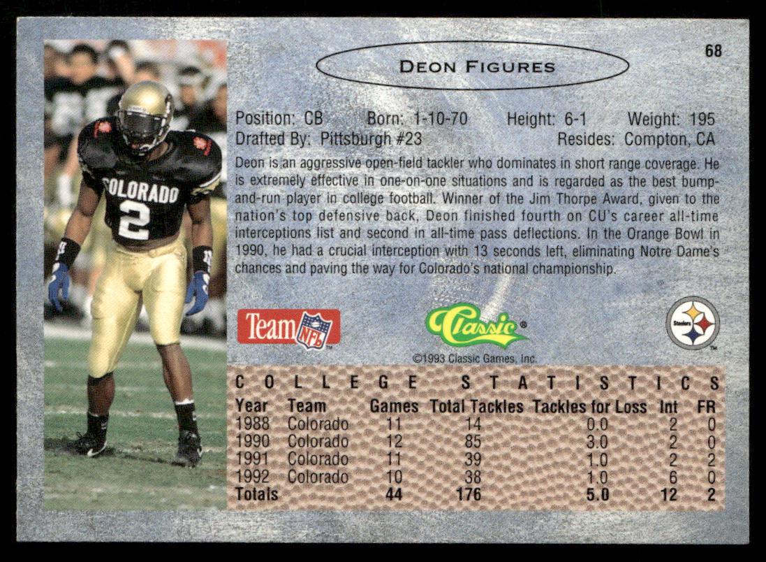 Deon Figures 1993 Classic #68 Pittsburgh Steelers