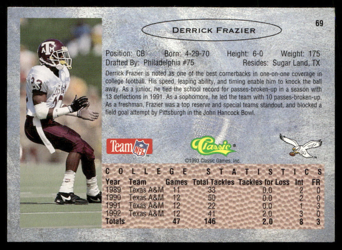 Derrick Frazier 1993 Classic Gold #69 Philadelphia Eagles