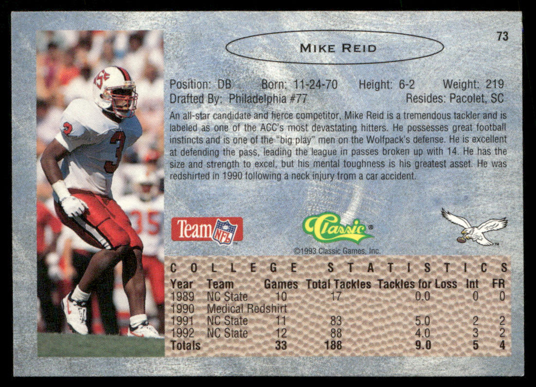 Mike Reid 1993 Classic #73 Philadelphia Eagles