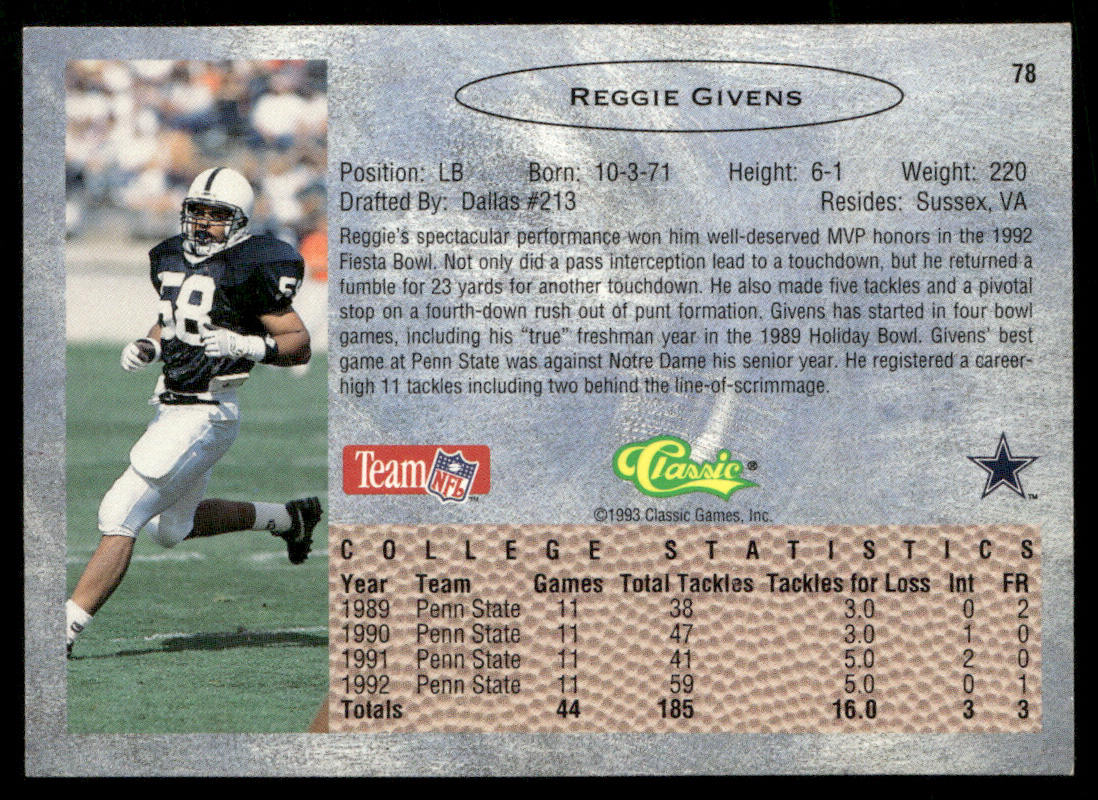 Reggie Givens 1993 Classic #78 Dallas Cowboys