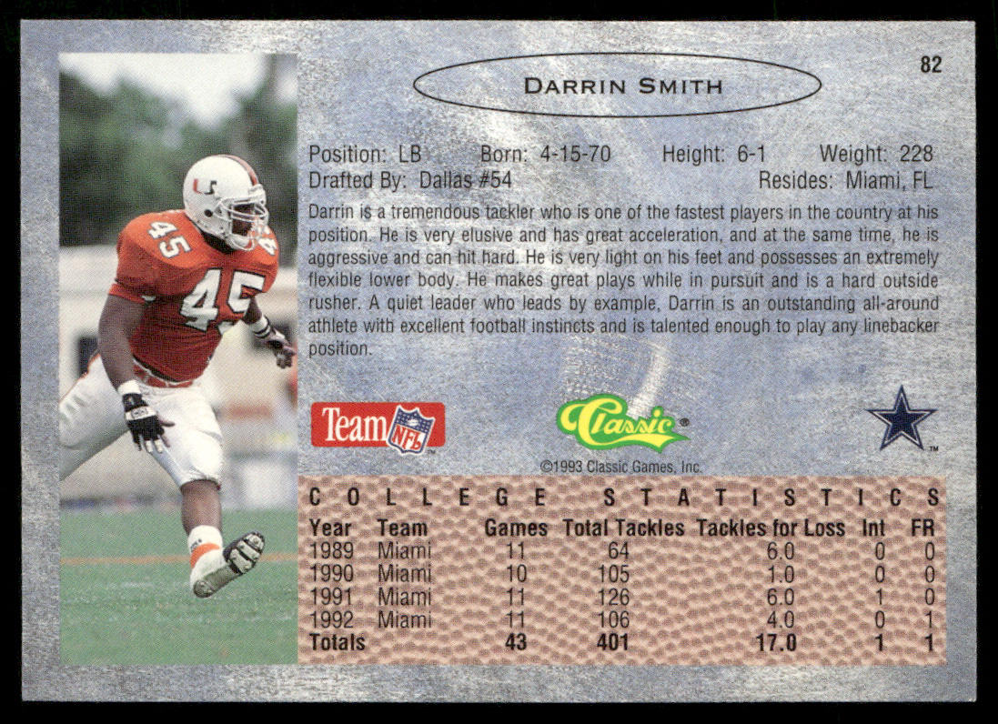 Darrin Smith 1993 Classic #82 Dallas Cowboys