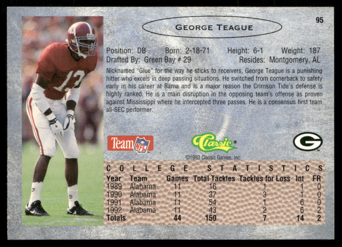George Teague 1993 Classic #95 Green Bay Packers