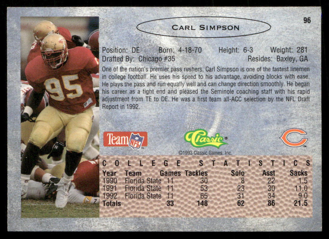 Carl Simpson 1993 Classic #96 Chicago Bears