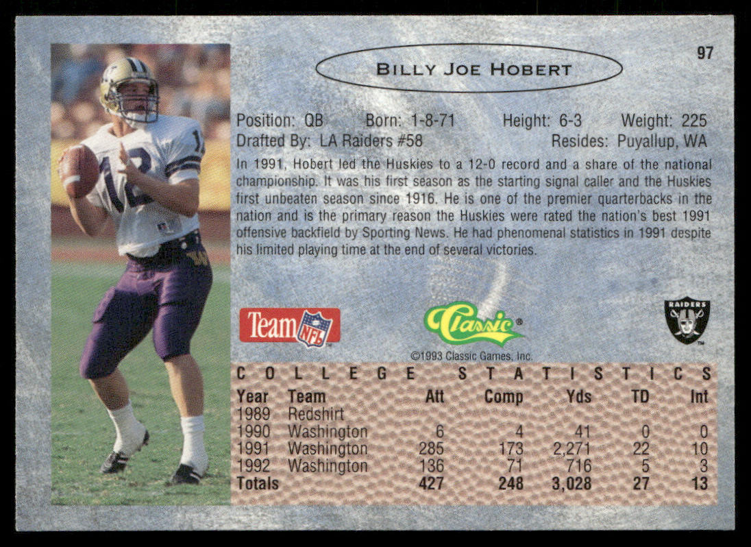 Billy Joe Hobert 1993 Classic #97 Los Angeles Raiders