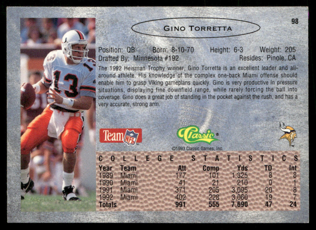 Gino Torretta 1993 Classic #98 Minnesota Vikings