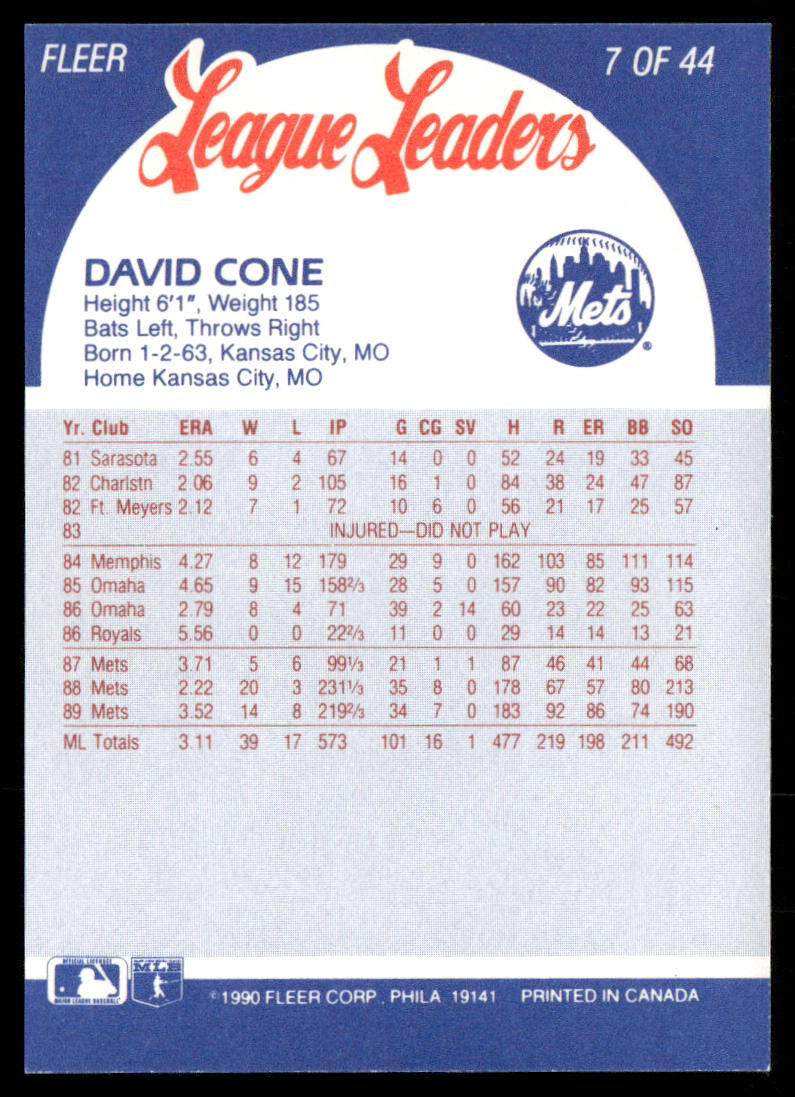 David Cone 1990 Fleer League Leaders #7 New York Mets