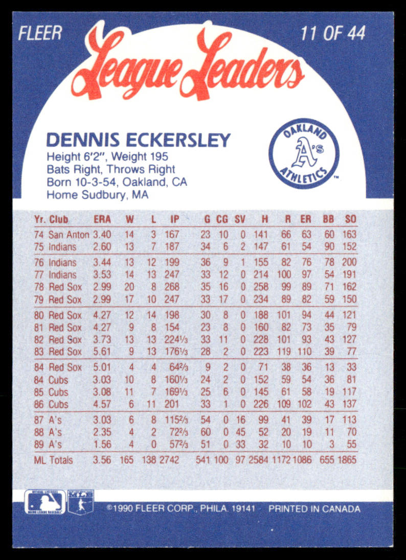 Dennis Eckersley 1990 Fleer League Leaders #11 Oakland Athletics