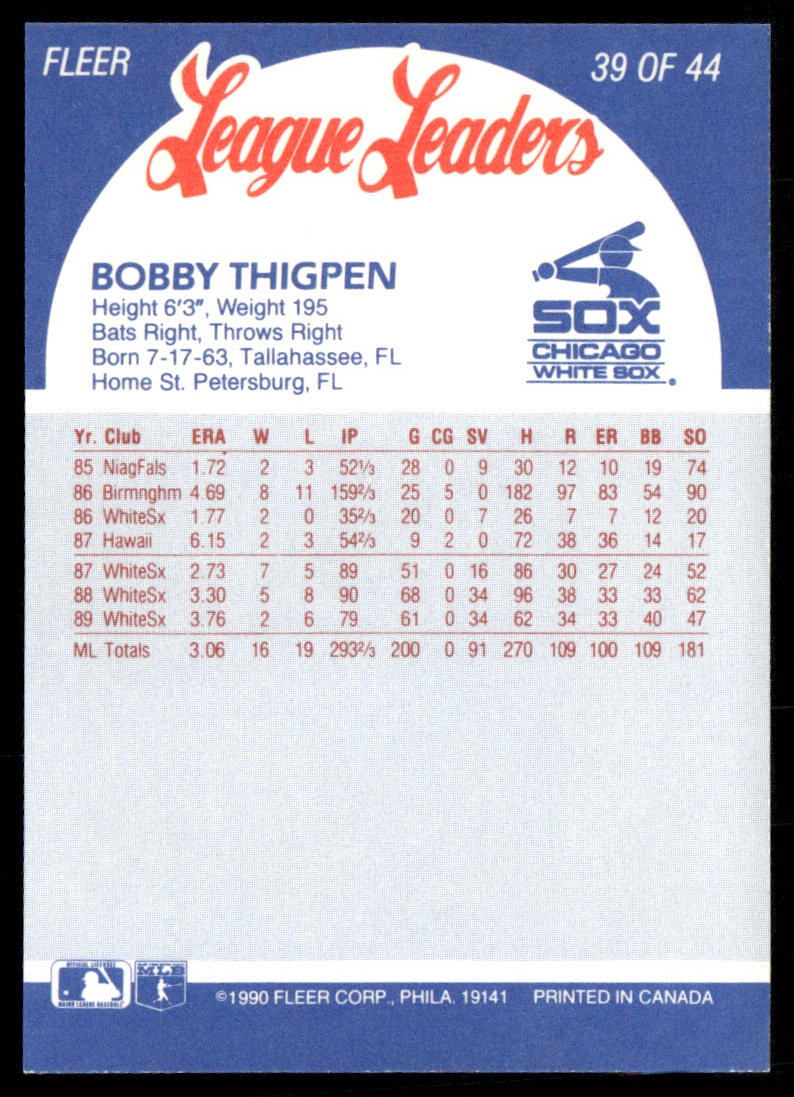 Bobby Thigpen 1990 Fleer League Leaders #39 Chicago White Sox
