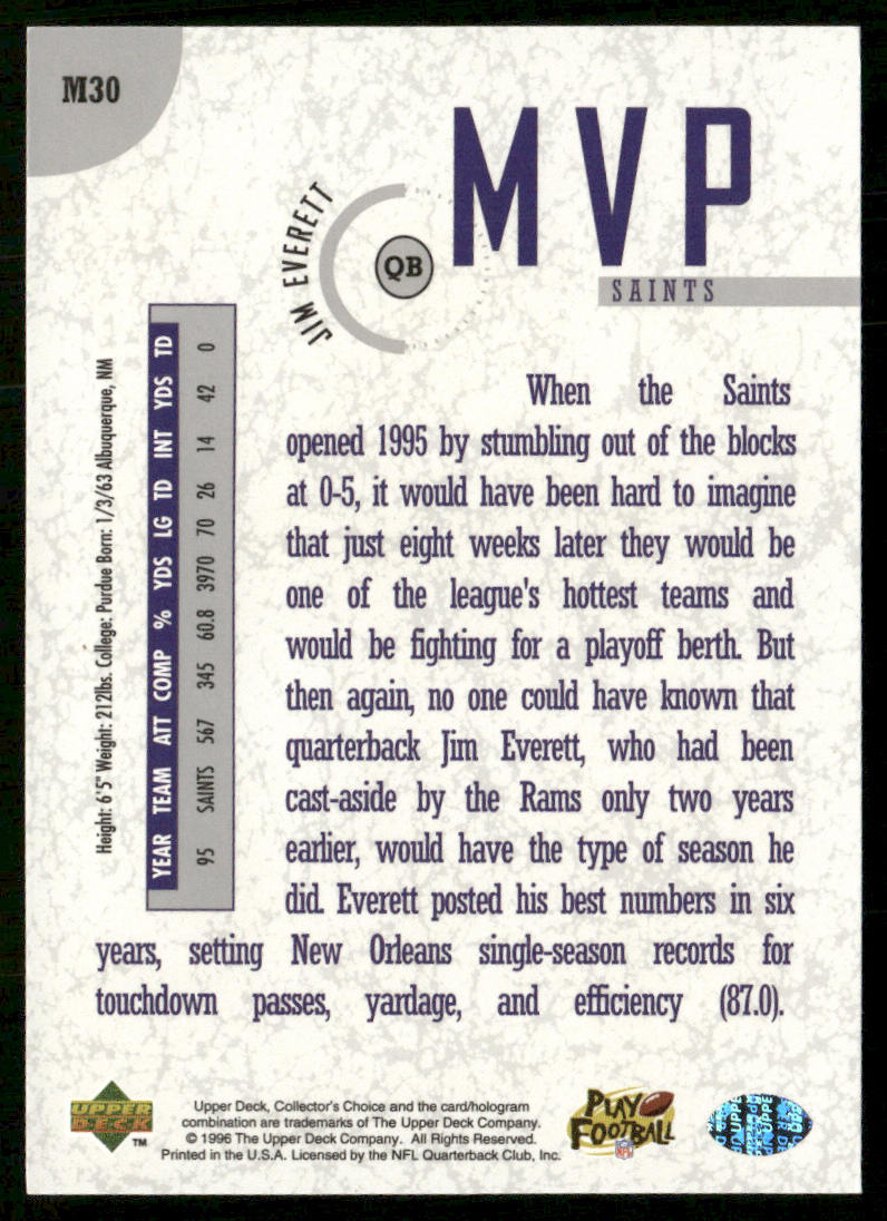 Jim Everett 1996 Collector's Choice MVPs #M30 New Orleans Saints