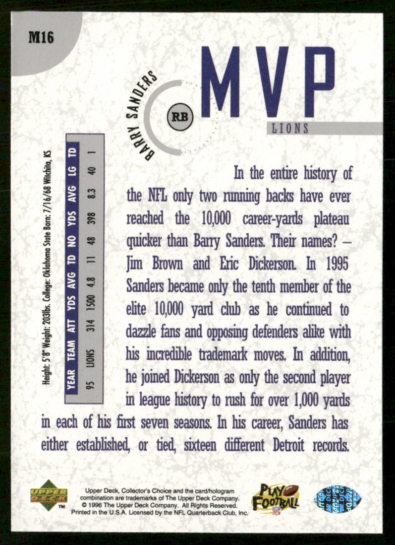Barry Sanders 1996 Collector's Choice MVPs #M16 Detroit Lions