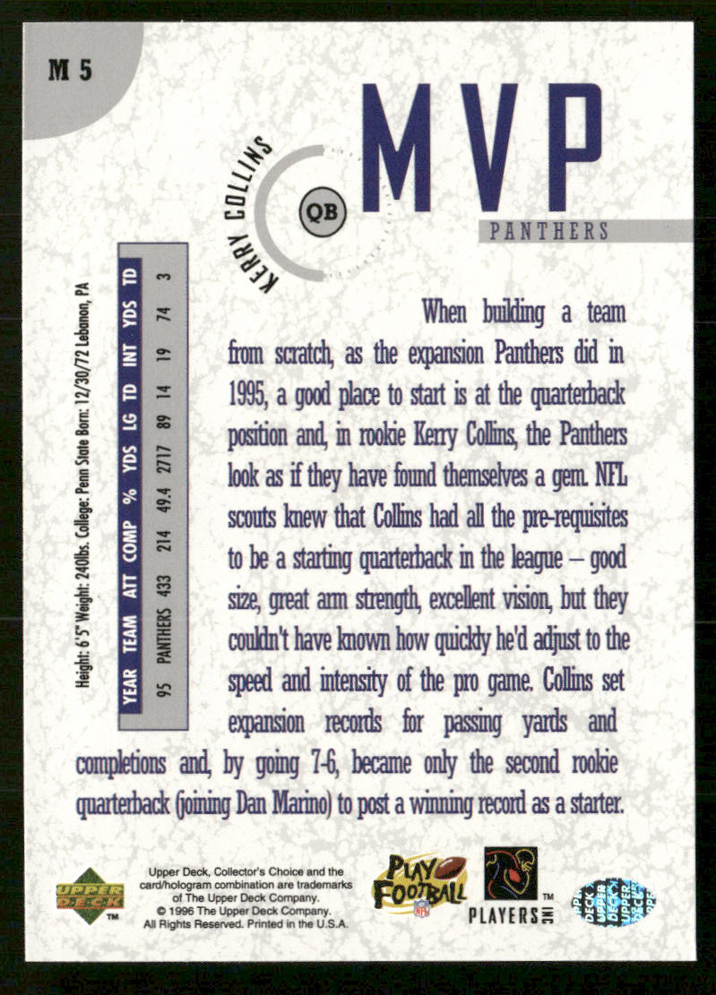 Kerry Collins 1996 Collector's Choice MVPs #M5 Carolina Panthers