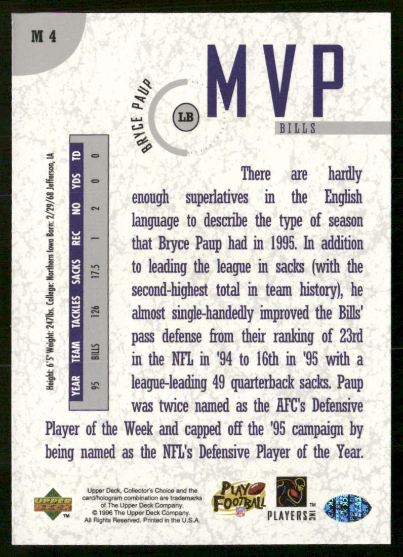 Bryce Paup 1996 Collector's Choice MVPs #M4 Buffalo Bills