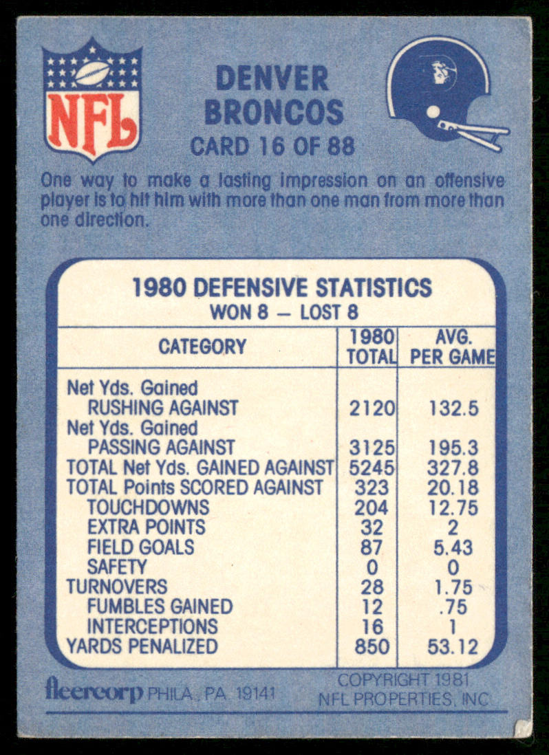 The Old High-Low Treatment 1981 Fleer Team Action #16 Denver Broncos