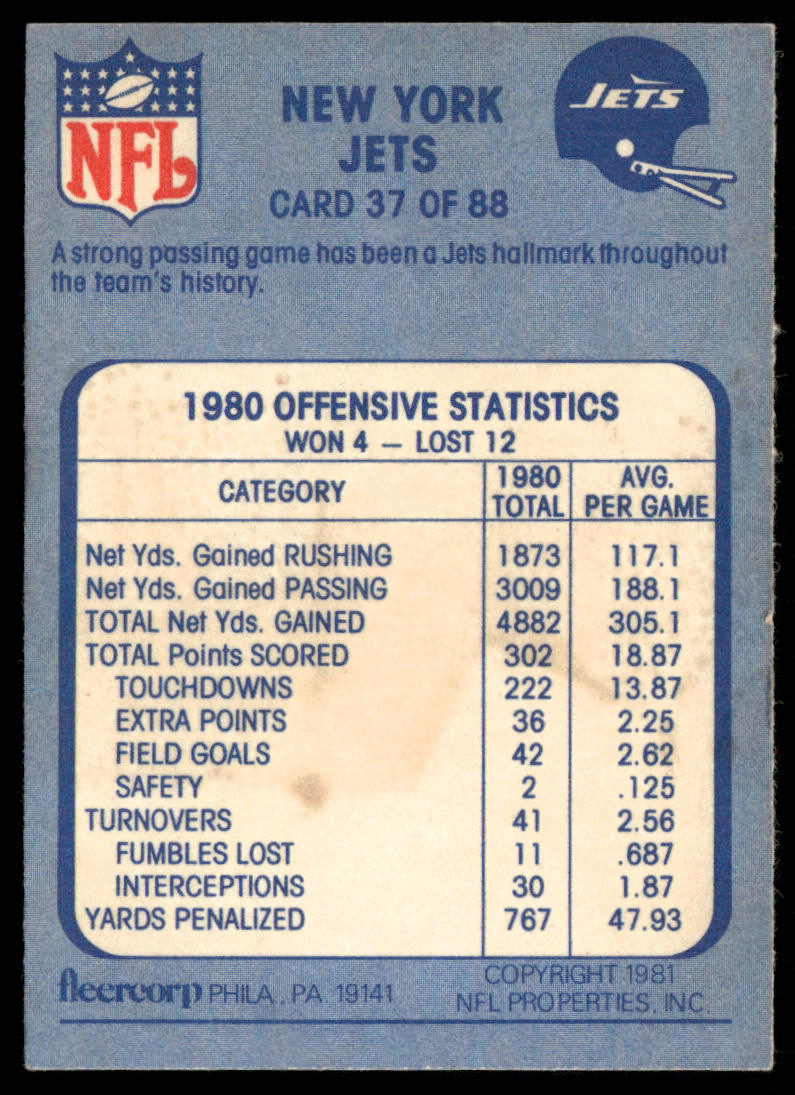 Cleared for Launching 1981 Fleer Team Action #37 New York Jets