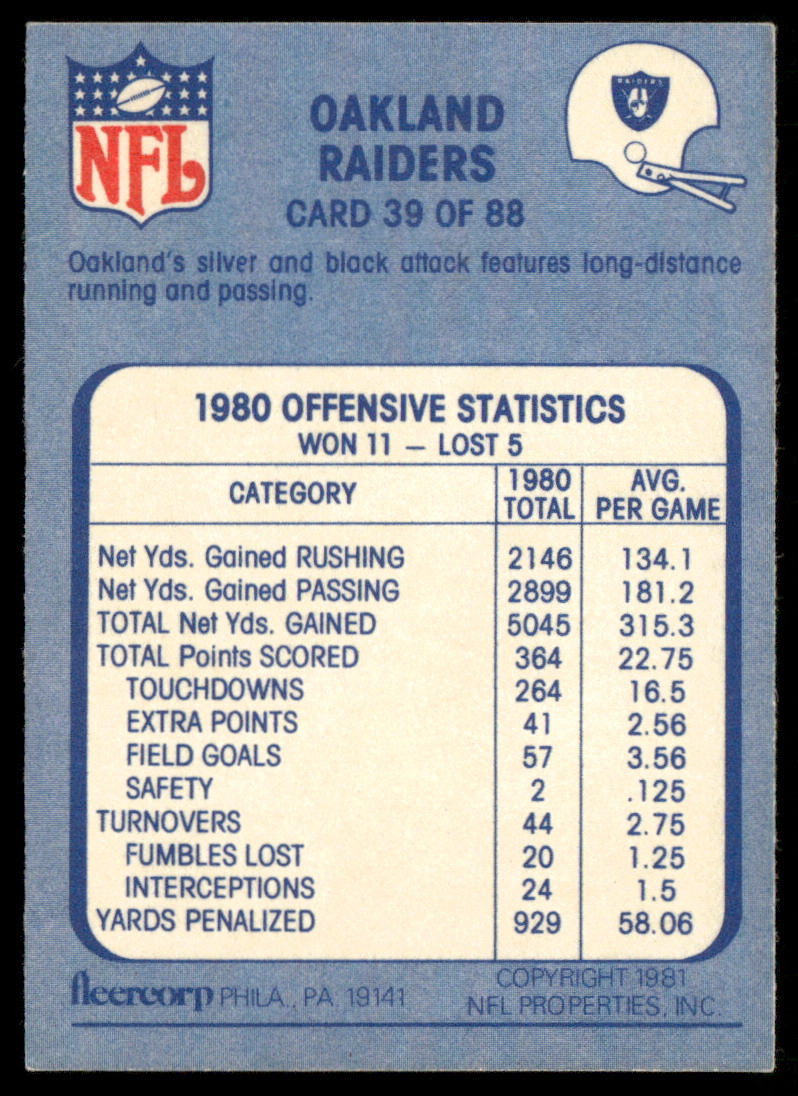Off and Running 1981 Fleer Team Action #39 Oakland Raiders