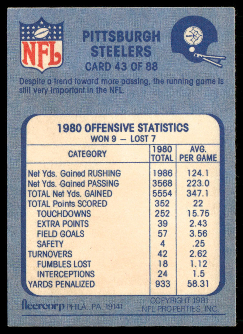 Here Comes the Infantry 1981 Fleer Team Action #43 Pittsburgh Steelers