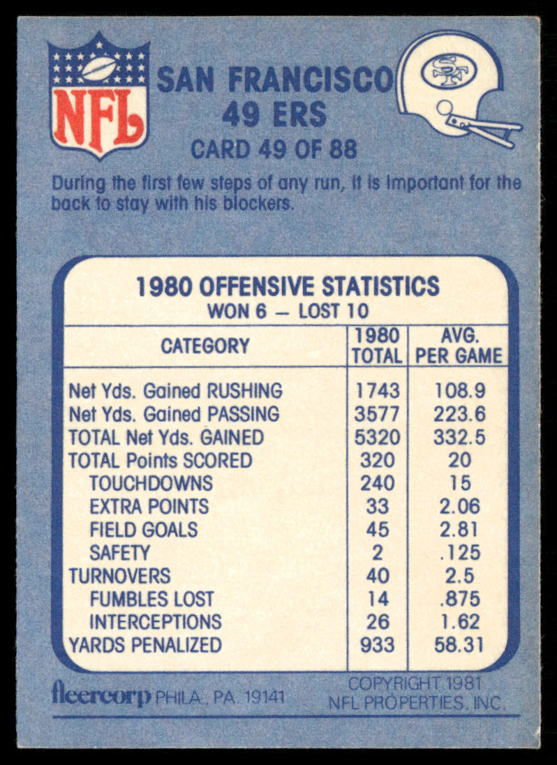 Follow the Leader 1981 Fleer Team Action #49 San Francisco 49ers