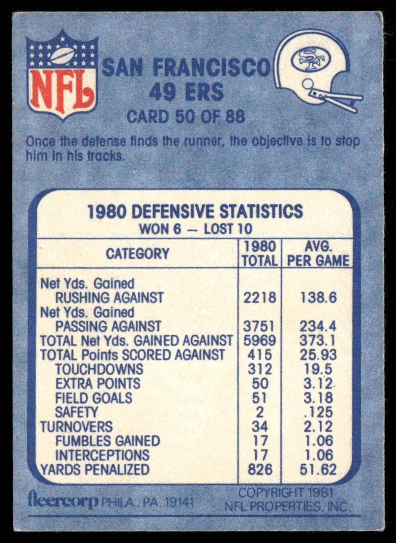 Search and Destroy 1981 Fleer Team Action #50 San Francisco 49ers