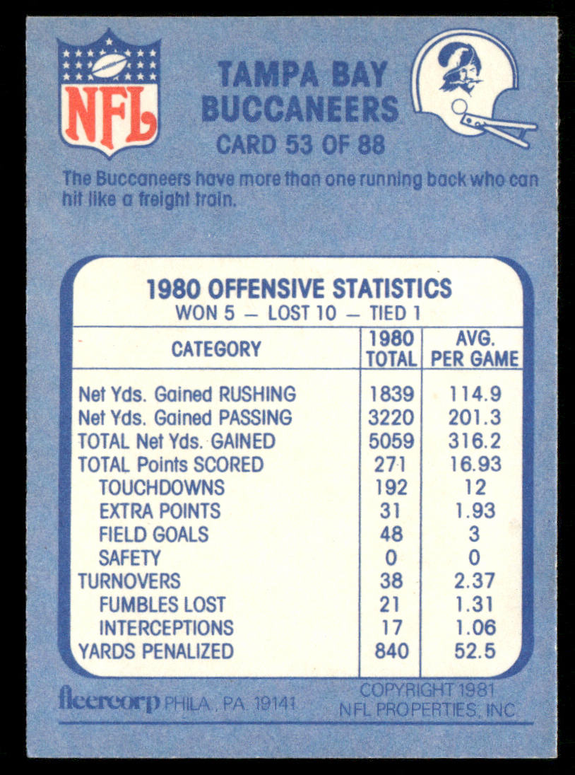 Orange Blossom Special 1981 Fleer Team Action #53 Tampa Bay Buccaneers