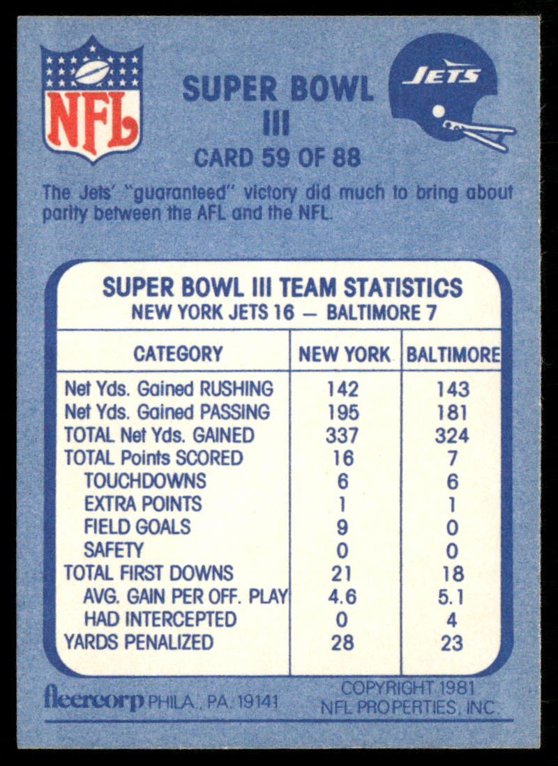 Super Bowl III 1981 Fleer Team Action #59